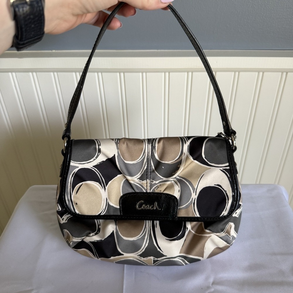 Coach Ashley Sateen Scarf Print Mini Handbag Shoulder Hobo Purse Y2K Brown Gray